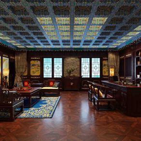 传统中式风格办公室 办公桌 装饰柜